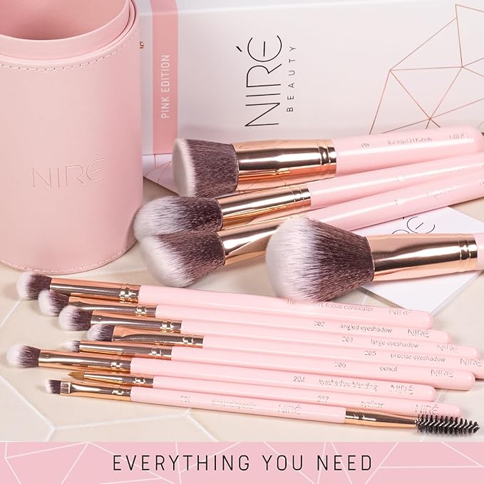 Niré Beauty 15piece Award Winning Pink Makeup Brushes: Pink Makeup Brush Set with Case, Makeup Sponge, Brush Cleaner, Guide, Gift Box-VivaGrace Women