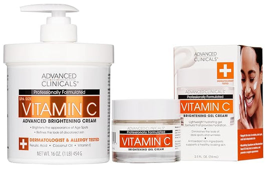 Advanced Clinicals Brightening Vitamin C Body Cream + Potent Vitamin C Face Moisturizer Gel Cream 2pc Skincare Set For Women & Men To Diminish Appearance Of Dark Spots, Wrinkles, & Dry Skin, 2pc Set-VivaGrace Women