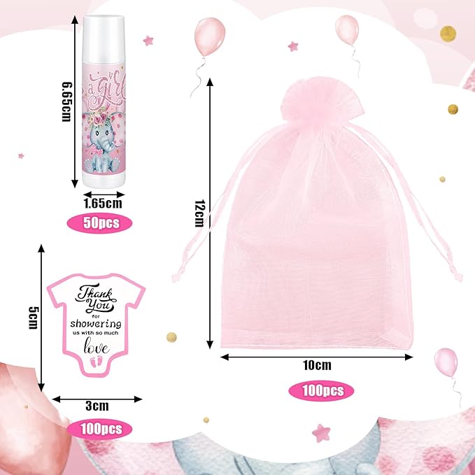 Demissle 50 Pcs Baby Shower Lip Balm Gift Set with 100 Pcs Organza Bags Baby Shower Party Favor for Guest Thank You Tag Rope Baby Shower Party Decoration Gender Reveal Souvenirs(Elephant)-VivaGrace Women