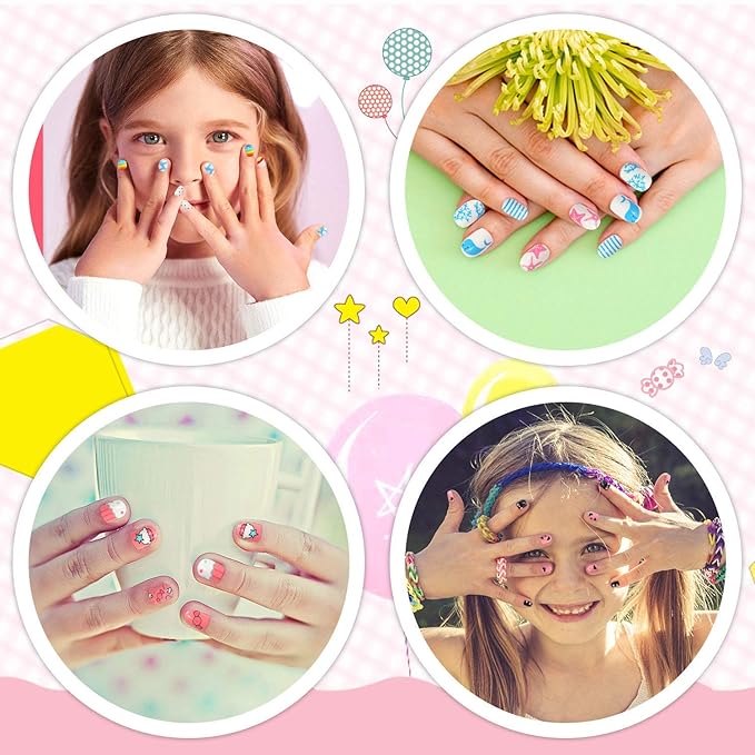 JANYUN 96 Pcs Fake Nails for Kids Pre-glue Full Cover Short False Nails Children Nails Lovely Gift