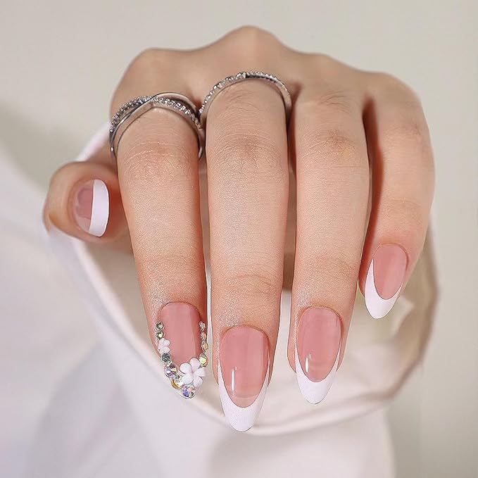 White French Tip Press On Nails - Medium Almond Fake Nails with Diamond Design, Rhinestone Flower, Glue On, Artificial Acrylic Glossy Full Cover Stick On Nails - 24pcs