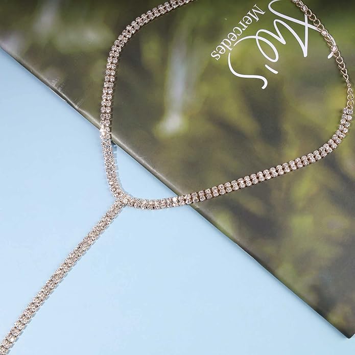 Boho Rhinestone Crystal Y Necklace Tennis Chain Y Lariat Necklace Long Gold CZ Drop Chain Necklace Sparkle Party Nightclub Necklace Chain Jewelry for Women and Girls-VivaGrace Women