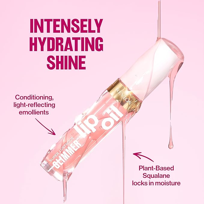 REVLON Super Lustrous Glimmer Lip Oil, Moisturizing & Tinted, Shiny Finish, Made with Plant-Based Squalane, 005 Vio-lit, 0.13 fl oz