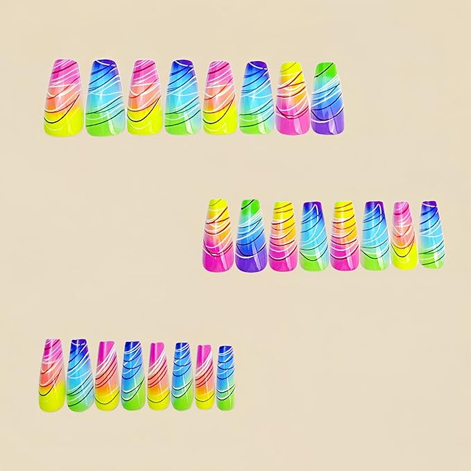 Coffin Press on Nails Medium Length Fake Nails Multicolor False Nails with Designs Full Cover Glue on Nails Press ons Sparkly Artificial Nails Cute Stick on Nails for Women 24Pcs