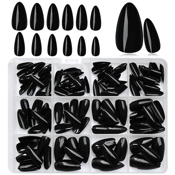 LoveOurHome 240pc Almond Press on Nails Medium Black Fake Nail Tips Full Cover Glue Almond Acrylic Nails Press ons Nail Short Stiletto False Artificial Fingernail & Glue Adhesive Tabs for Women Girls