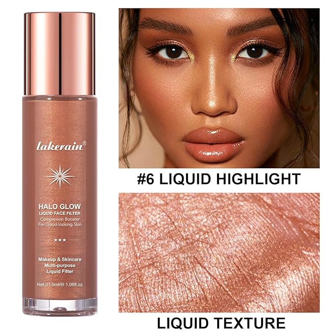 Natural Glow Liquid Filter Makeup, Longwear Face Luminizer, Complexion Booster For Any Part of the Body, Liquid Highlighter with Brush Kit, Infused Hyaluronic Acid, 1.06 fl oz (#06 TAN/DEEP)-VivaGrace Women