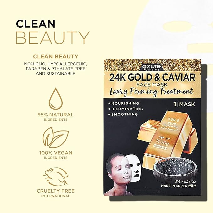 AZURE 24K Gold and Caviar Anti Aging Luxury Face Mask - Hydrating & Firming Facial Mask - Helps Reduce Wrinkles & Fine Lines with Hyaluronic Acid & Collagen - Skin Care Made in Korea - Pack of 10-VivaGrace Women