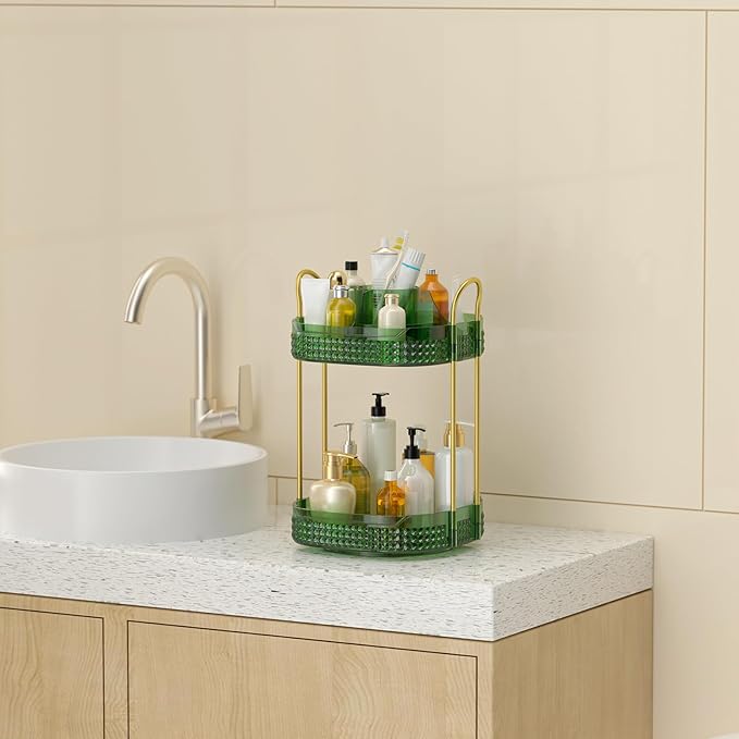 360° Rotating Makeup Organizer 2 Tier, Large Skincare Clear Make Up Storage Spinning Perfume Organizers for Bathroom Counter Dresser, Green-VivaGrace Women