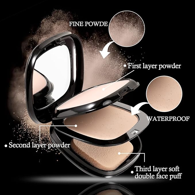 Boobeen 2 Layers Setting Pressed Powder Makeup Oil Control Setting Powder Foundation Pressed Face Powder Compact Long-Lasting Matte Finishing Powder, Light Shade Powder Flawless Lightweight-VivaGrace Women