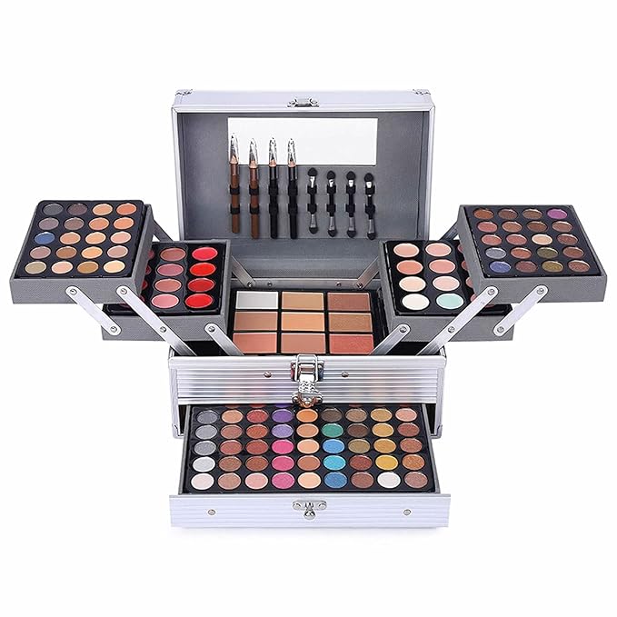 132 Color All In One Makeup Kit,Professional Makeup Case Set for Teen Girls, Multicolor Eyeshadow Palette(006N2-Silver)-VivaGrace Women
