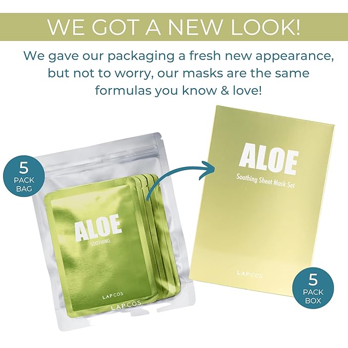 LAPCOS Aloe Sheet Mask, Daily Face Mask with Cucumber and Aloe Gel to Calm and Moisturize Skin, Korean Beauty Favorite, 5-Pack-VivaGrace Women