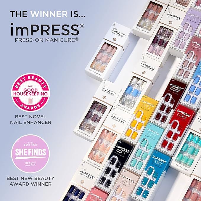 KISS imPRESS No Glue Mani Press On Nails, Design, 'Evanesce', Beige, Short Size, Oval Shape, Includes 30 Nails, Prep Pad, Instructions Sheet, 1 Manicure Stick, 1 Mini File