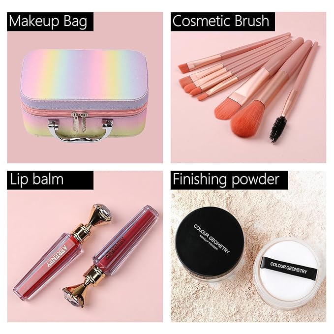 Makeup Kit for Teen Girls,All in One Makeup Kit for 2X16 Colors Eyeshadow Liquid Foundation Eyeliner Pencils Contouring Stick Lip Gloss Eyebrow Pencils 8Pcs Makeup Brushes etc (rainbow)-VivaGrace Women