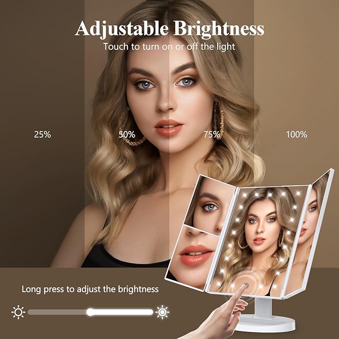 HUONUL Makeup Mirror Vanity Mirror with Lights, 2X, 3X, 10X Magnification, Touch Control, Trifold, White, 9.4" L x 13.4" W, Modern Style, Dresser Mount, Bathroom-VivaGrace Women