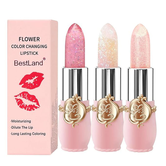 3 Pcs/Set Flower Jelly Lipstick Set Temperature Change Moisturizer Long Lasting Nutritious Glossy Shine Lip Balm Magic Gold Crystal PH Color Change Lip Gloss for Women-VivaGrace Women