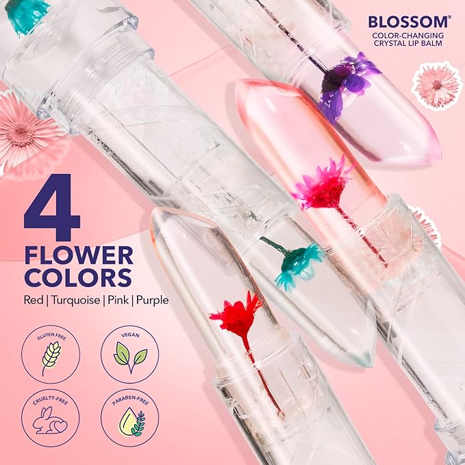 Blossom Moisturizing Custom Color Changing Crystal Lip Balm, Strawberry Scented, Lip Stain Tint, Infused with Real Flowers, 3g, Turquoise-VivaGrace Women