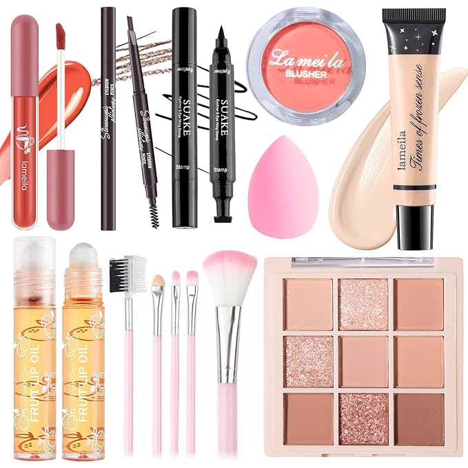 Makeup Set for Girls Teens Women, Makeup Present Set, Makeup Kit, Includes Eyeshadow Palette, Foundation, Blusher, Eyebrow Pencil, Eyeliner, Lip Gloss, Lip Oil, Makeup Brushes & Sponge-VivaGrace Women