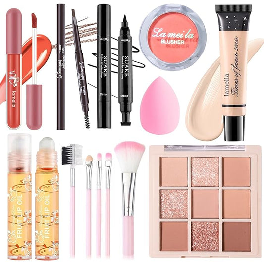 Makeup Set for Girls Teens Women, Makeup Present Set, Makeup Kit, Includes Eyeshadow Palette, Foundation, Blusher, Eyebrow Pencil, Eyeliner, Lip Gloss, Lip Oil, Makeup Brushes & Sponge-VivaGrace Women