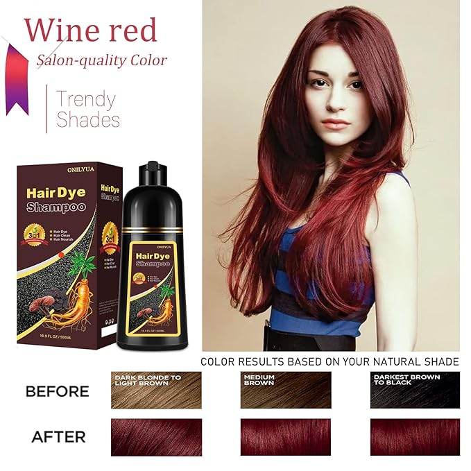 Burgundy Hair Dye Shampoo 3-IN-1,Gray Hair Coverage for Women & Men, Instant & Long-lasting Hair Color in Minutes, Pure Plant Extract Color Shampoo Hair Dye Kit for All Hair Types(Wine Red)-VivaGrace Women