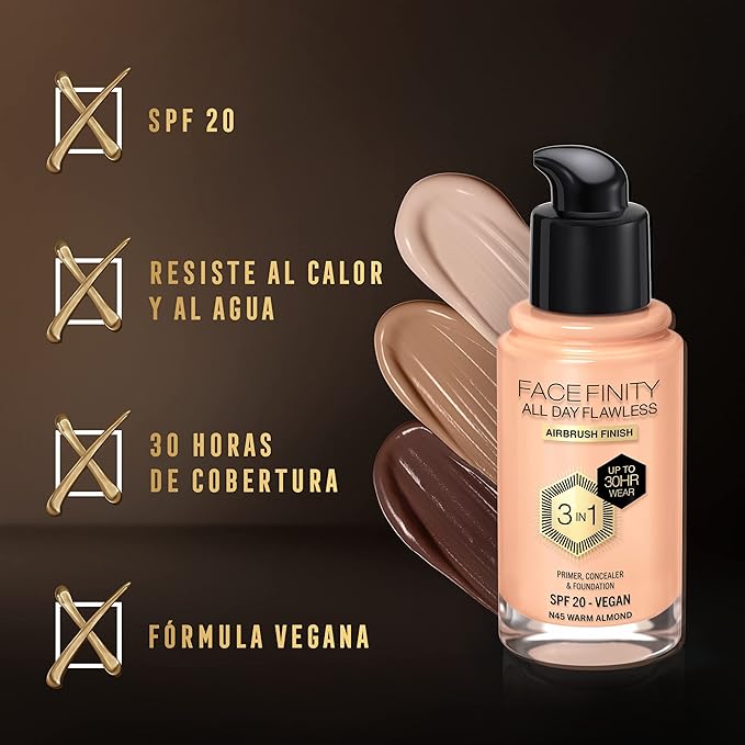 Max Factor Facefinity All Day Flawless 3 In 1 Foundation SPF 20, No. 45 Warm Almond-VivaGrace Women