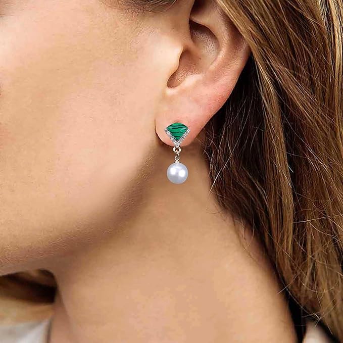Vintage Cz Emerald Pearl Earrings Gold Pearl Drop Earrings Triangle Emerald Earrings Geometric Emerald Stud Earrings Jewelry for Women and Girls-VivaGrace Women