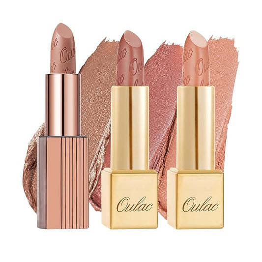 Oulac Metallic Nude Lipstick Set 3PCS, Comfortable Creamy Texture, Smooth No Grainy Feeling, Vegan & Gluten Free, Full-Coverage Lip Makeup, 3 X 4.3 g, 601+GM03+GM14-VivaGrace Women