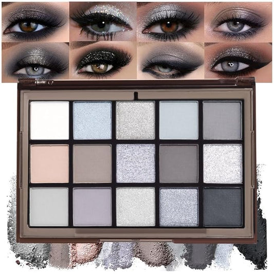 15 Colors Black Gray Silver Matte Shimmer Eyeshadow Palette for Eye Makeup,High Pigmented Brown White Eye Shadow Primers Powder Palet de sombras de ojos-VivaGrace Women