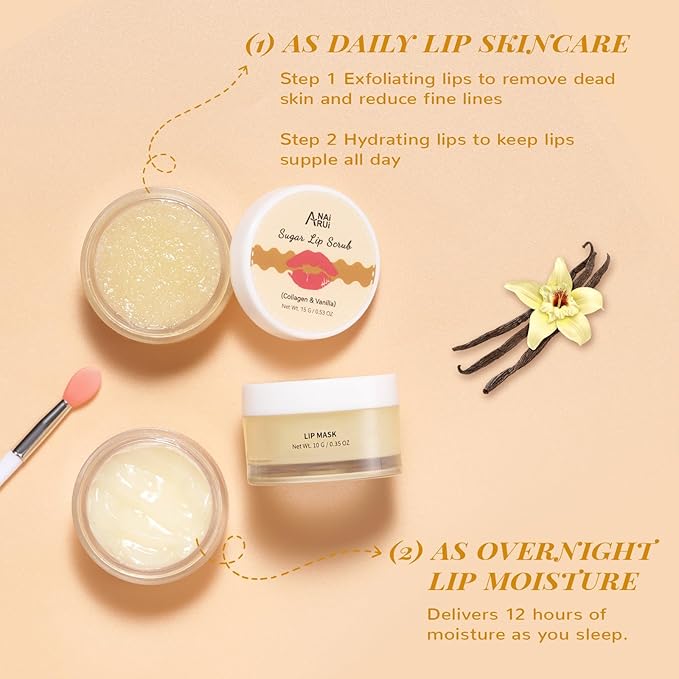 ANAI RUI Lip Mask and Scrub Set, Lip Sleeping Mask & Lip Exfoliator/Scrub for Exfoliating & Lip Overnight Treatment, Lip Care Gift Kits for Dry, Chapped & Dark Lips, Reduce Fine Lines, Vanilla-VivaGrace Women
