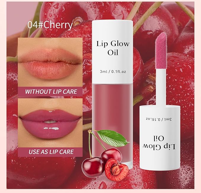 Plumping Lip Oil, Long Lasting Hydrating Lip Stain Lip Balm Cherry Fruit Revitalizing, Transparent Lip Care Oil for Dry Lip (Cherry Red)-VivaGrace Women