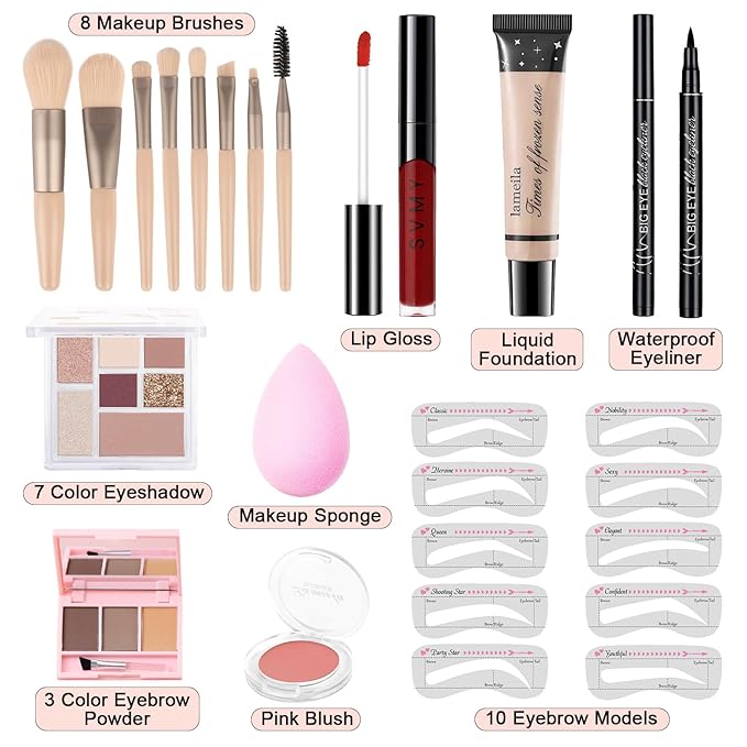 Makeup Kit for Teens Girls, Makeup Present Set for Women, Makeup Full Kit for Beginners, Mini Makeup Bundle Include 7 Puce colors Matte & Shimmer Pigmented Eyeshadow Palette, Eyebrow Powder-VivaGrace Women