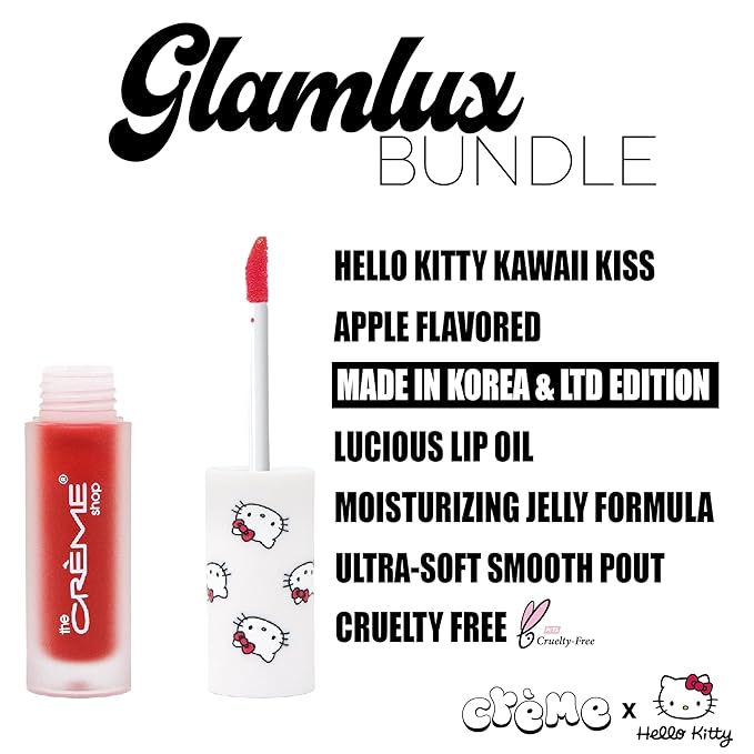 Beauty Bundle The Creme Shop X Hello Kitty Macaron Lip Balm For Cracked/Dry Lips, Hello Kitty Kawaii Kiss Lip Oil Tinted Apple & K-Beauty Tea Time Face Mask; Plumping & Youthful-VivaGrace Women