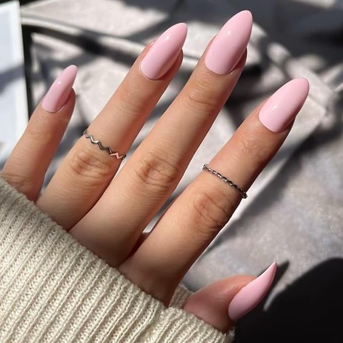 Pink Fake Nails Almond Press on Nails Medium Glossy Stick on Nails Cute Glue on Nails Acrylic False Nails for Women and Girls