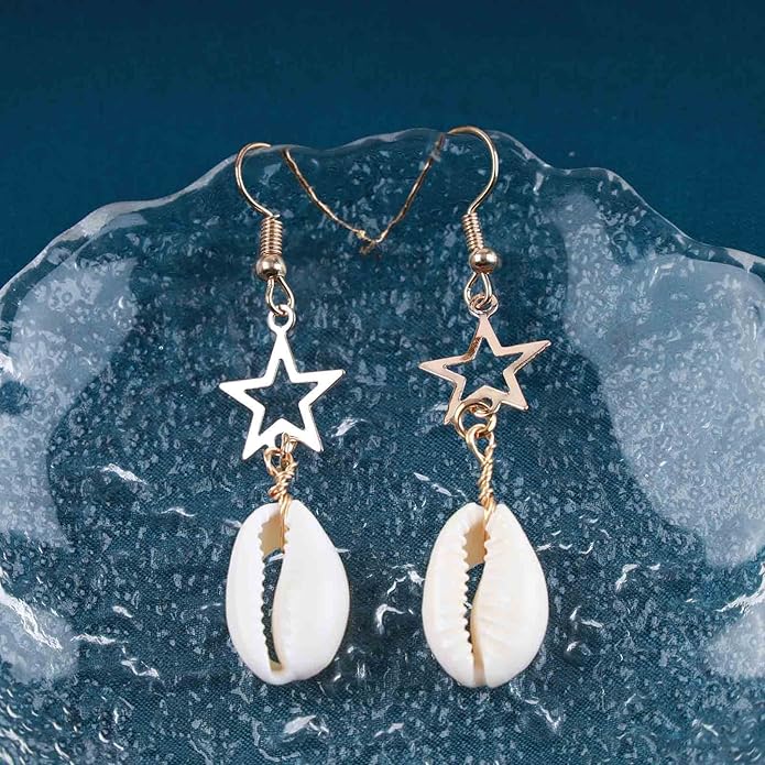 Vintage Cowrie Drop Earrings Puka Shell Dangle Earrings Gold Star Dangling Earrings Hollow Star Earrings Jewelry for Women-VivaGrace Women