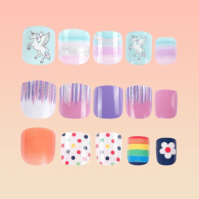 Kids Press on Nails Children Fake Nails 72PCS Artificial Nail Tips Adhesive Full Cover Short False Fingernails for Girls Kids Nail Decoration (Colorful Polka Dots)