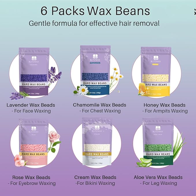 BLITZWAX Brazilian and Bikini Waxing Kit for Women, Hard Wax Warmer for Face, Legs, and Body, At Home Hair Removal Kit, Beginner Friendly, Quick Heating, 32pcs Wax Spatulas-VivaGrace Women