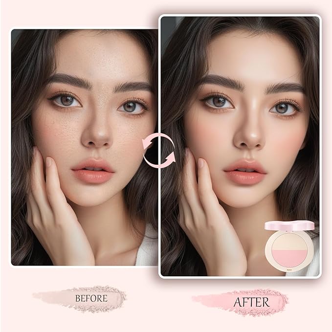 Pink Setting Powder, 3 in 1 Blush Palette with Puff, Highlighter Palette, Fine Texture Blush Pressed Powder, Setting Powder Makeup, Korea Makeup - Pink-VivaGrace Women