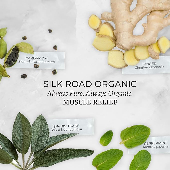 Silk Road Organic Muscle Relief Essential Oil Blend Roll On, 100% Pure USDA Certified Aromatherapy for Muscle Aches & Stiff Joints with Peppermint & Ginger - 10 ml Roller-VivaGrace Women