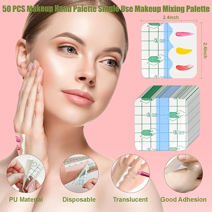 Makeup Mixing Palette Set, Makeup Hand Palette Single Use Makeup Mixing Tray Disposable Adhesive Cosmetic Makeup Palette Transparent Makeup Tape, Stainless Steel Foundation Mixing Palette with Spatula-VivaGrace Women