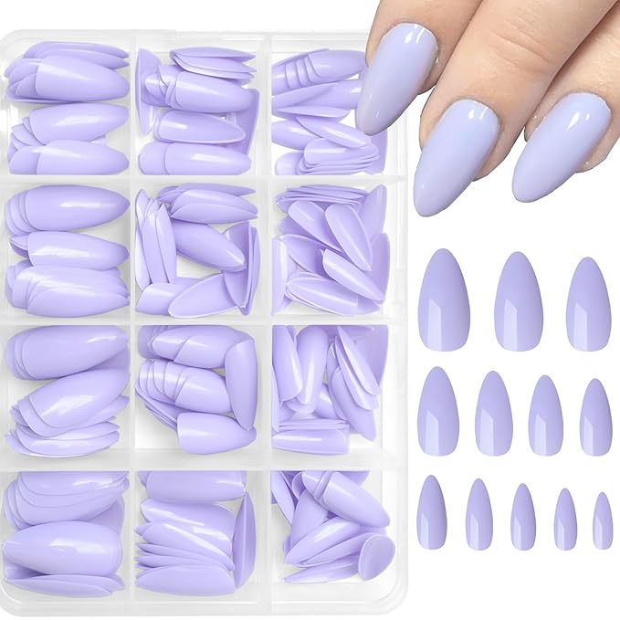 LoveOurHome 240pc Medium Almond Press on Nails Colored PurpLE Fake Nail Tips Full Cover Artificial Fingernail French Stiletto Manicure with Adhesive Tabs for Women Girls