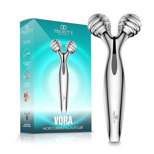 VORA Microcurrent Facial Roller by Project E Beauty | 3D Face & Body Massager | Instant Face Lift & V-Shape | Collagen Boost | Tightens Skin | Anti-Aging | Roller Tightens Skin | Solar Powered-VivaGrace Women