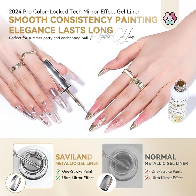 SAVILAND Metallic Gel Liner Nail Art: 2PCS Silver & Gold Metallic Gel Nail Polish Chrome 3D Effect Mirror Gels Polish Build in Thin Brush Metal Painting Gels Nails Design for Salon Home DIY