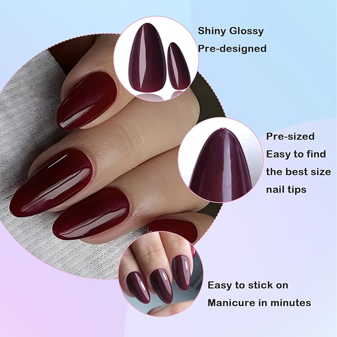 LoveOurHome 240pc Christmas Almond Press on Nails Medium Fake Nail Tips Acrylic Nails Press ons Nail Almond Burgundy Red Short Stiletto Artificial Fingernail & Glue Adhesive Tabs for Women Girls Kid