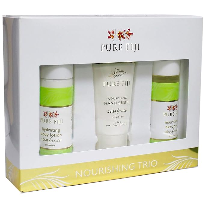 Pure Fiji Nourishing Trio, Ideal Spa Bath Gift Set for Women - Travel Kit - Includes Exotic Body Oil , Hydrating Body Lotion For Women and Nourishing Hand Cream, Starfruit Scent-VivaGrace Women