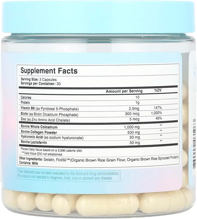 Hair Skin and Nails Vitamins w/Bovine Colostrum, Collagen, Hyaluronic Acid, Biotin, Zinc, & Lactoferrin┃Supports Faster Hair Growth, Stronger Nails and Glowing Skin (30 Servings, Capsule)-VivaGrace Women