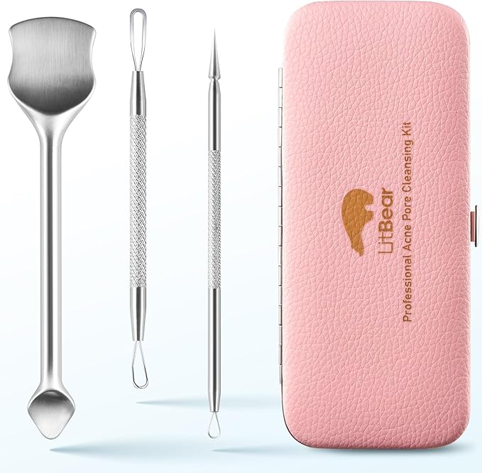 LitBear Pore Prep Tool, Blackhead Remover Pimple Popper Tool Kit, Stainless Steel Blackhead Extractions Tool for Acne, Whitehead Popping, Blemish, Comedone, Pink-VivaGrace Women