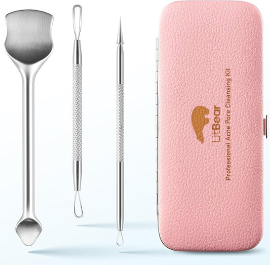 LitBear Pore Prep Tool, Blackhead Remover Pimple Popper Tool Kit, Stainless Steel Blackhead Extractions Tool for Acne, Whitehead Popping, Blemish, Comedone, Pink-VivaGrace Women