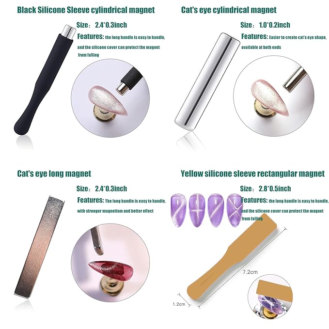 JERCLITY 9 Pieces Nail Magnet Tool Set Double-Head Flower Design Nail Magnet Pens Magnet Stick 3D Magnetic Cat Eye Gel Polish Nail Art for UV Gel Line Strip Multi-Function Magnet Board Nail Art Tool