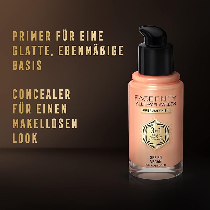 Max Factor Facefinity 3-in-1 All Day Flawless Liquid Foundation, SPF 20-64 Rose Gold, 30 ml-VivaGrace Women