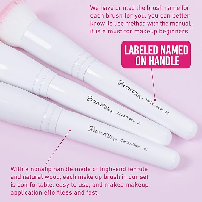 Bueart Design 16Pcs ULTRA SOFT labeled Makeup Brushes set with brush Holder face brush for Foundation Powder Blending Blush wooden Handle(16Pcs White+Pink Holder)-VivaGrace Women
