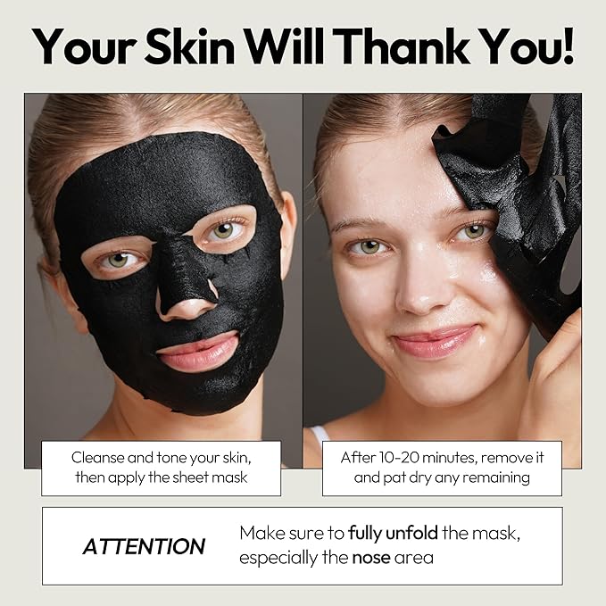 LAPCOS Charcoal Sheet Mask, Daily Face Mask with Salicylic Acid and Tea Tree Oil to Detoxify and Tighten Skin, Korean Beauty Favorite, 5-Pack-VivaGrace Women